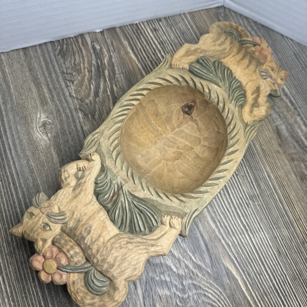VTG Carved Wooden Cat Trinket Bowl Or Ashtray Signed